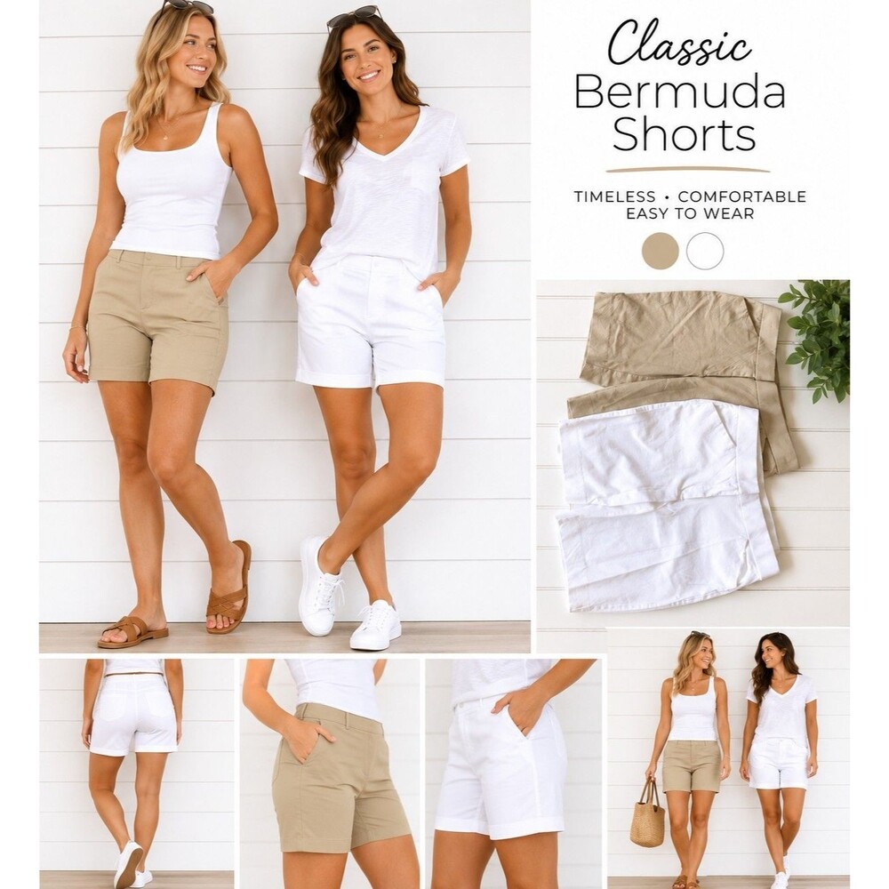 2 Pairs of stretchy Bermuda Shorts size Medium white and tan